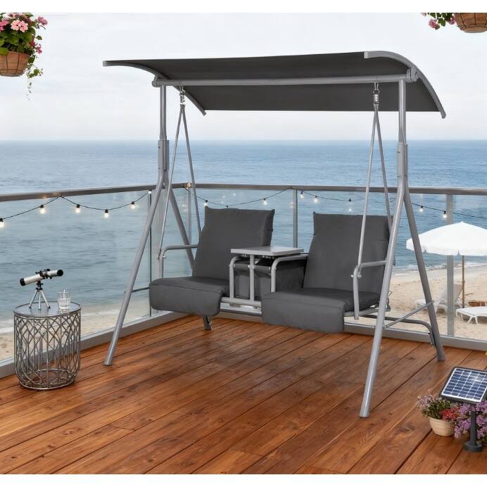 GDFStudio - Ethan Comfortable Patio Swing Chair with Canopy and Storage - Grey - Swing Chair