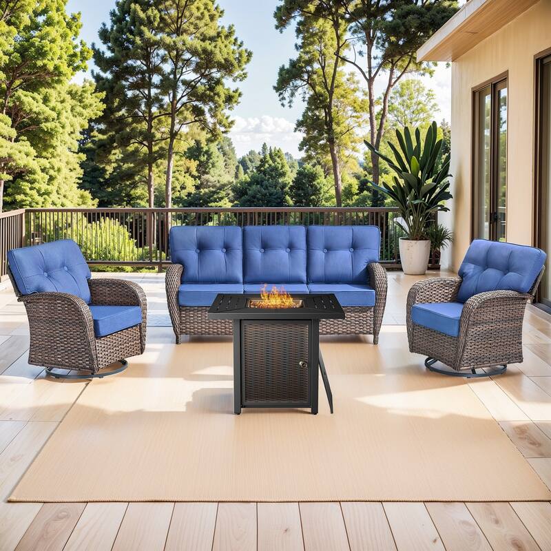 Pocassy Outdoor 30 In Fire Table with Sofa Patio Swivel Chair Set - Brown Wicker Blue Cushion - 6-Piece Sofa Swivel Chair with Fire Pit Table