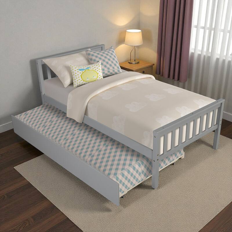 Twin Size Wooden Platform Bed with Trundle, Headboard and Footboard, Space-Saving Design for Guest or Small Bedroom