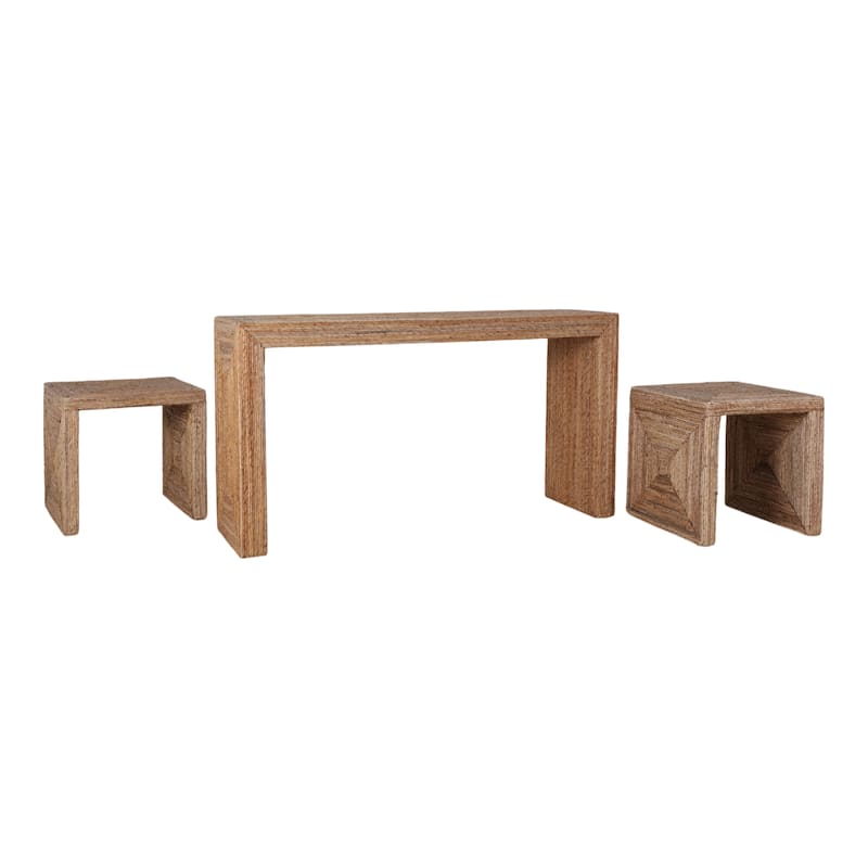 Handcrafted Woven Console Table with Side Tables - 55", Brown & Tan - 55.0"