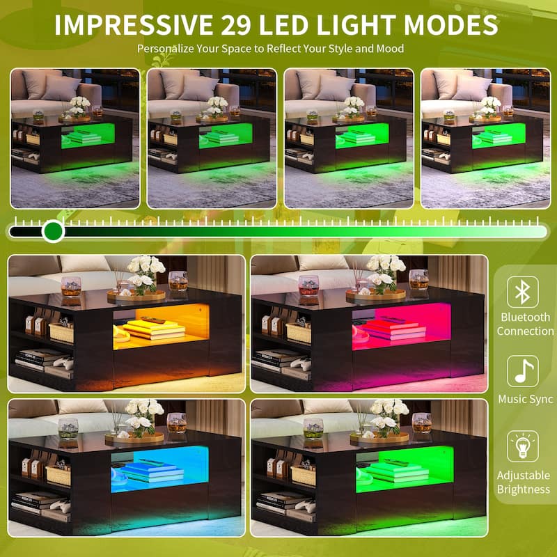 Moasis Modern Coffee Tables LED Light Cocktail Center Table with Shelf and Drawers