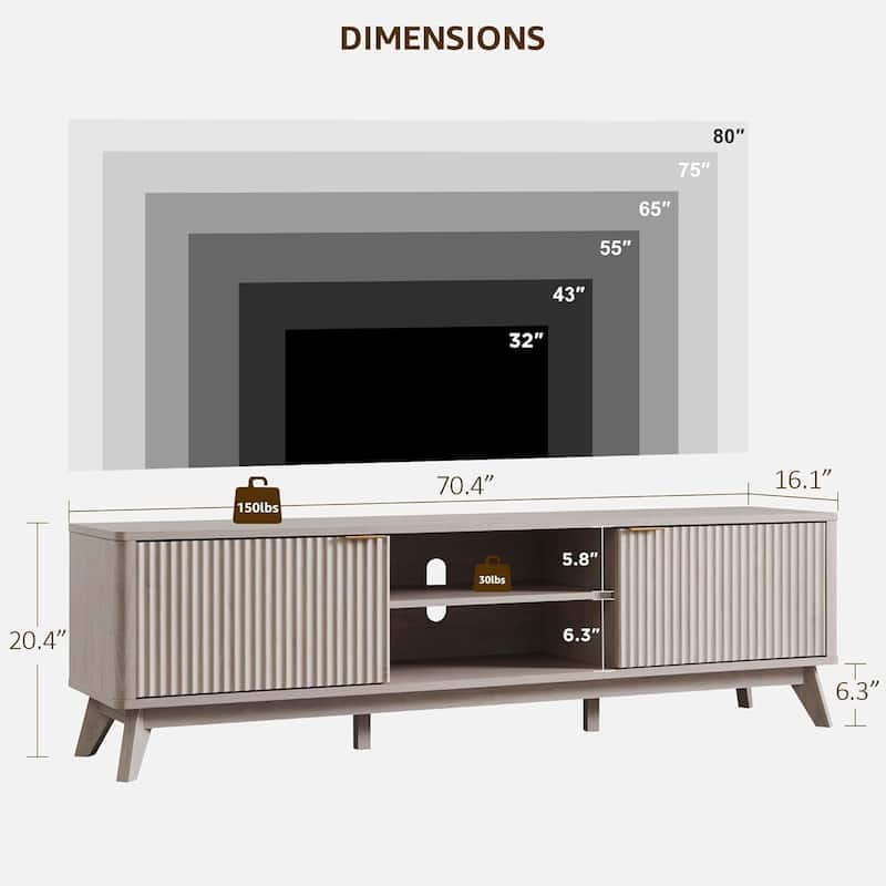 70" Modern Fluted TV Stand for Living Room, Wood Entertainment Center