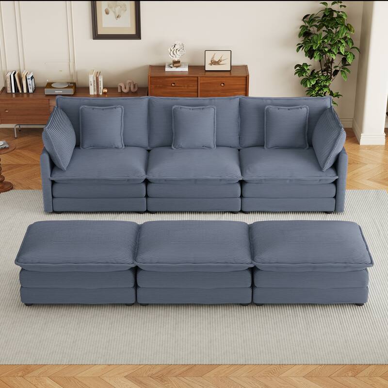112.6" Modular Sectional Sofa Couch 3 Seater Corduroy Sofa with Side Storage Pockets and 3 Movable Ottomans