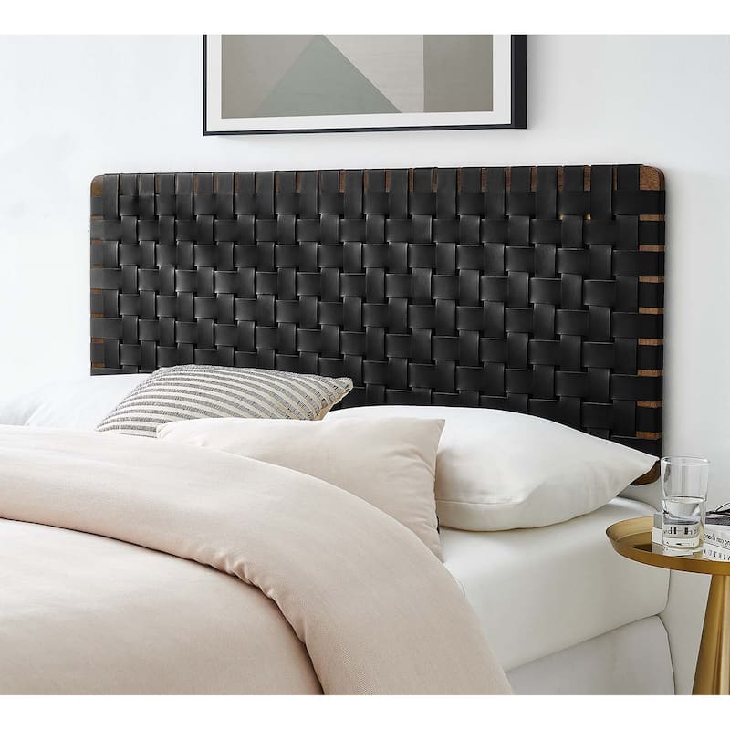 Ditmas Solid Wooden Black Leather Basket Weaved Floating Full Size Headboard