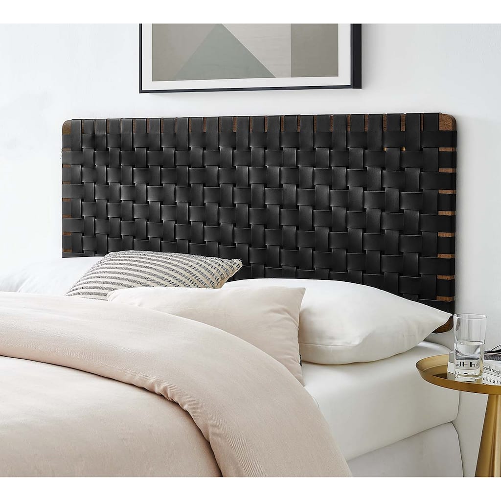 Ditmas Solid Wooden Black Leather Basket Weaved Floating Full Size Headboard
