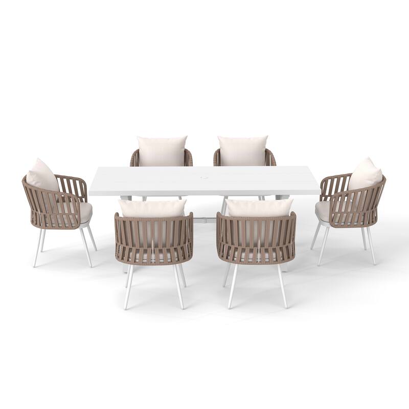 7-Piece Outdoor Dining Set Rope-Woven Arm Chairs and Dining Table with Umbrella Hole