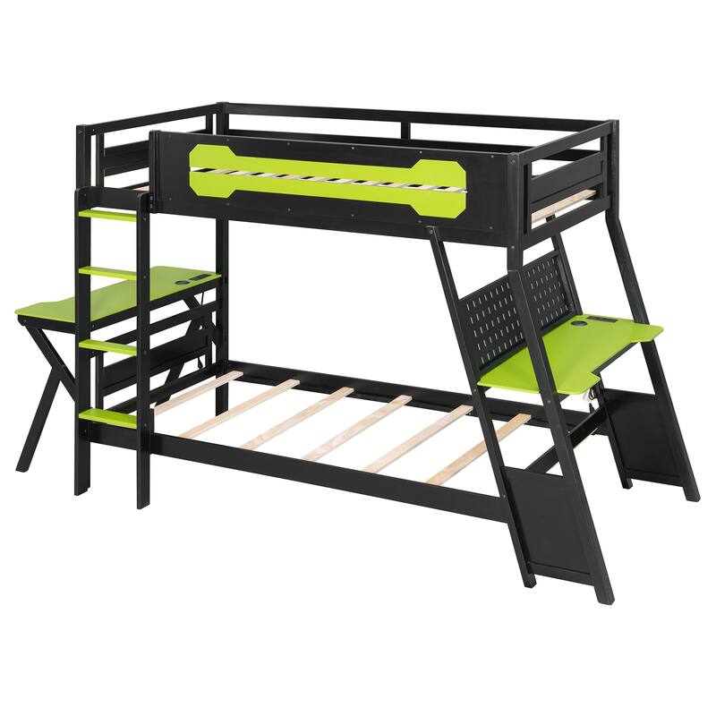 E-sports Inspired Bunk Bed with 2 Built-In Gaming Desks, USB Desktop Ports and Pegboard Organizer, Bunk Frame for Teens Gamer