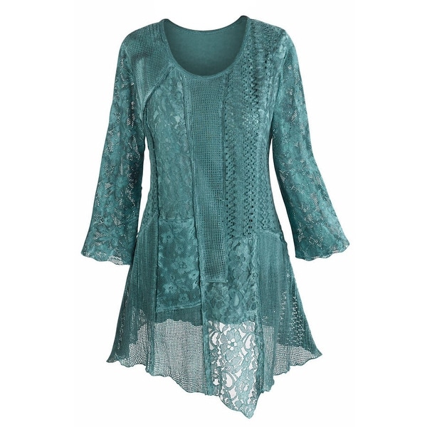 Women%27s Tunic Top   Lacey Layers Of Teal Asymmetrical Cotton Blouse