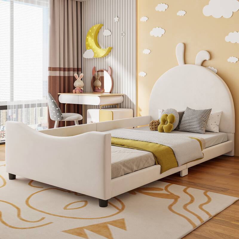 Twin Size Upholstered Daybed with Rabbit Ear Shaped Headboard for Home Office - Beige