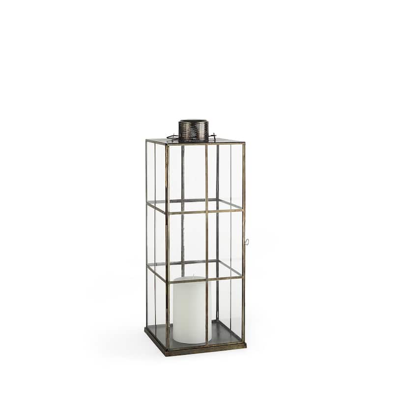 23" Gold Distressed Geometric Metal And Glass Tabletop Lantern Candle Holder