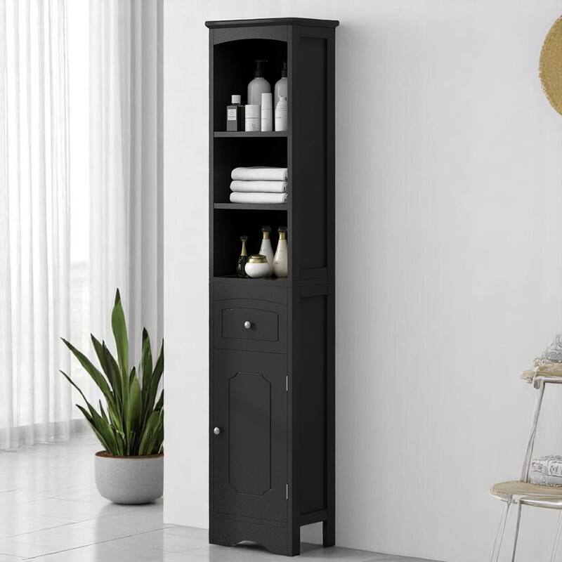 Slim Freestanding Bathroom Cabinet with Drawer and Doors, Adjustable Shelf, Waterproof MDF Storage Unit