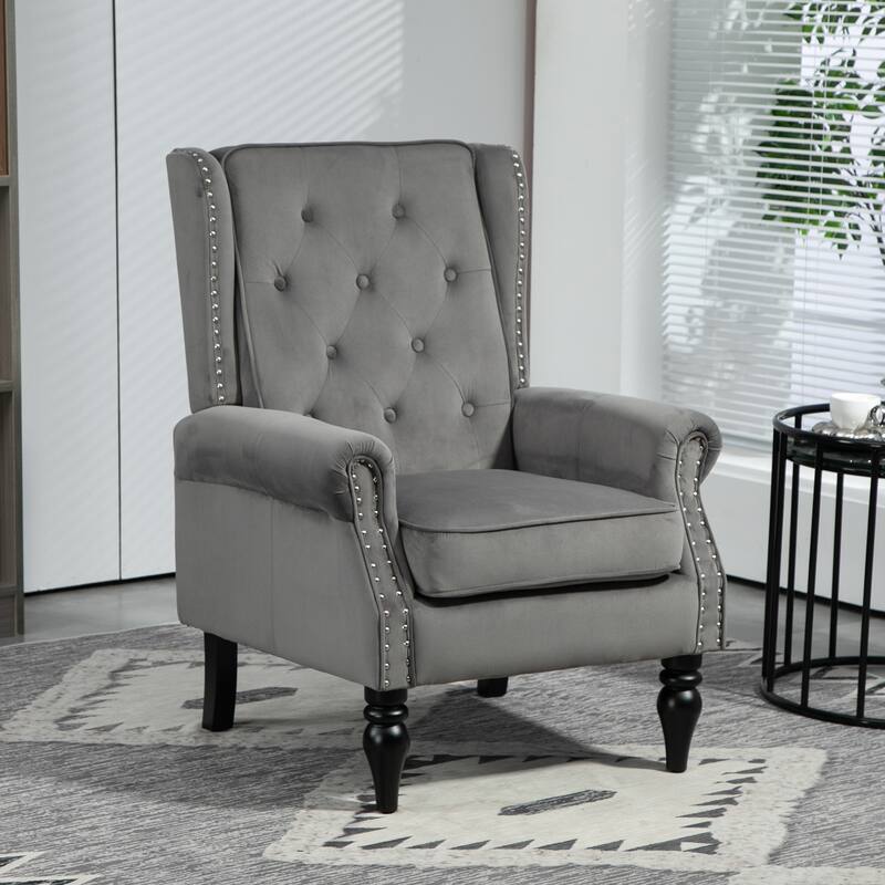 Tufted High Back Chair Living Room Wood Frame Armchair - Dark Gray