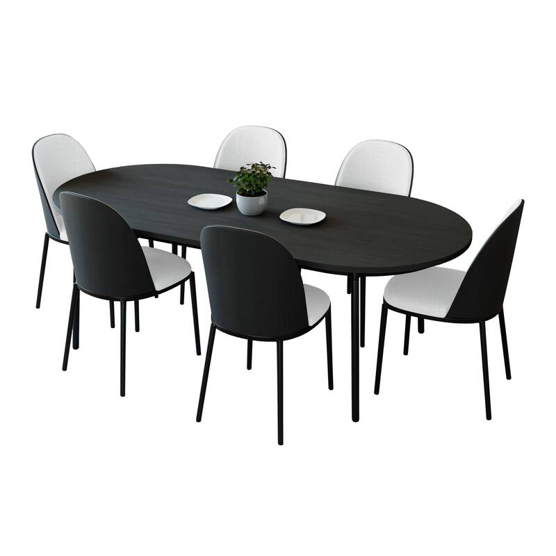 7-Piece Dining Set in Black Steel with 6 Chairs and Table Tule Collection by LeisureMod - Black/White