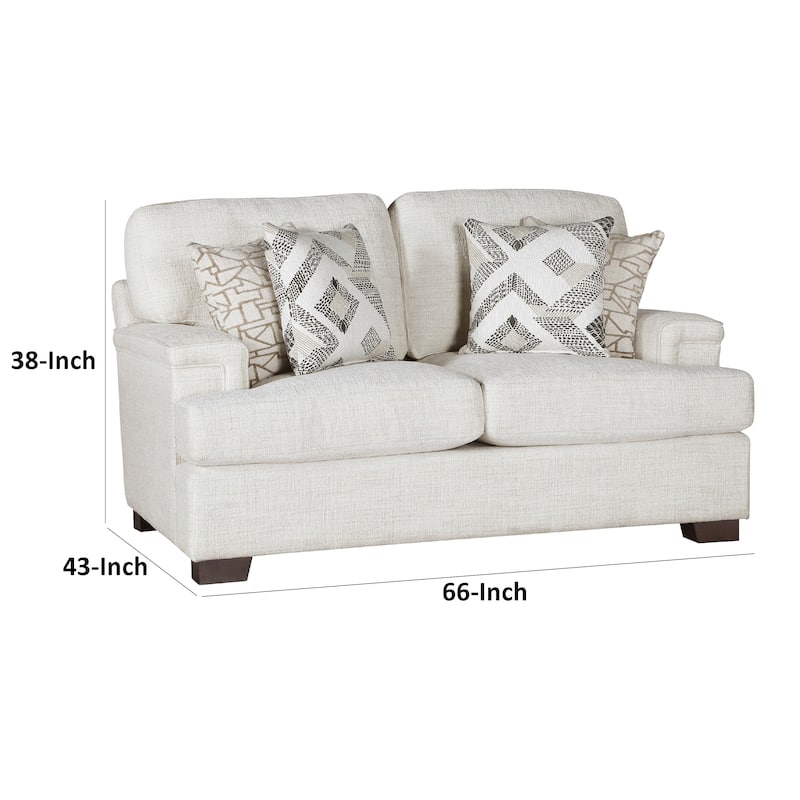 Osy Loveseat, 66 Inch, 4 Pillows, Soft Ivory Chenille, Solid Wood