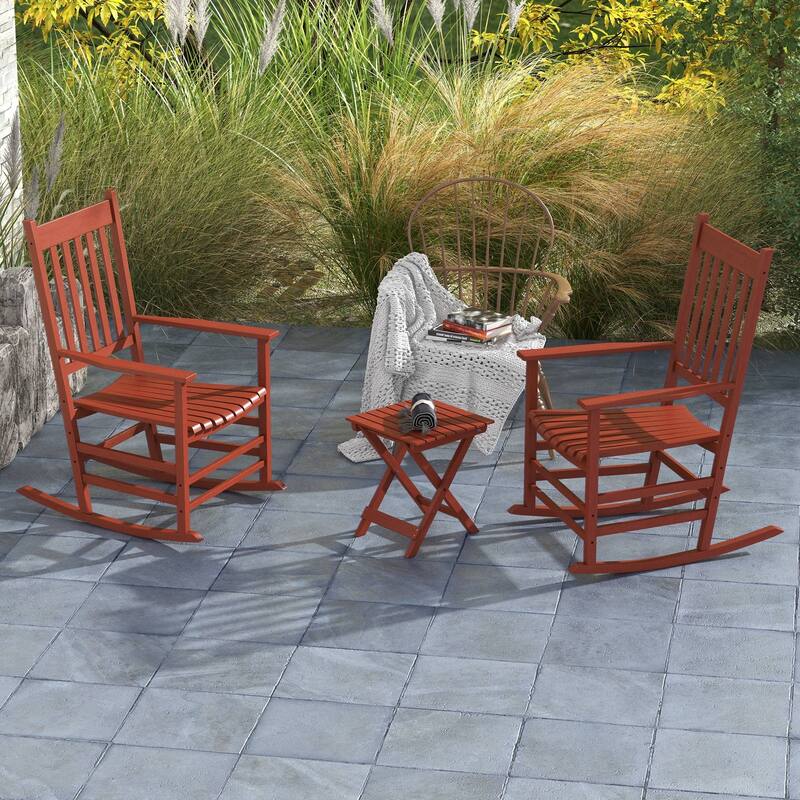 Outdoor Rocking Chair Set of 2 with Side Table, Patio Wooden Rocking Chair