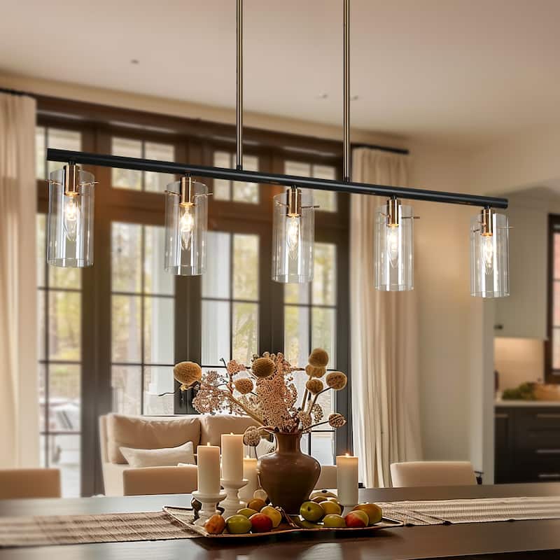 Modern Farmhouse 5-Light 36" L Black Gold Linear Chandelier Cylinder Glass Island Lights for Dining Room - 36" L x 3" W x 8" H
