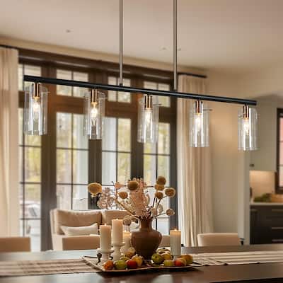 Modern Farmhouse 5-Light 36" L Black Gold Linear Chandelier Cylinder Glass Island Lights for Dining Room - 36" L x 3" W x 8" H