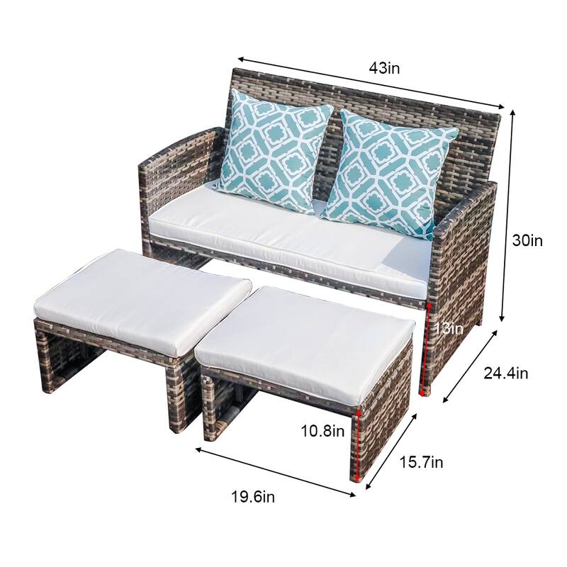 3 PCS Patio Rattan Furniture Set Loveseat and Ottoman Cushioned