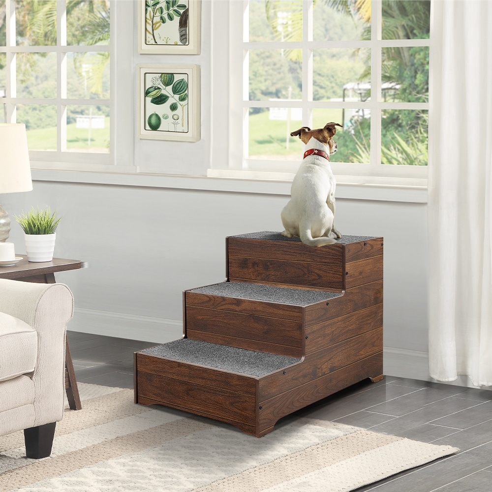Wooden Dog Stairs with Wide Non-Slip Steps for Small to Large Dogs and Cats, Walnut
