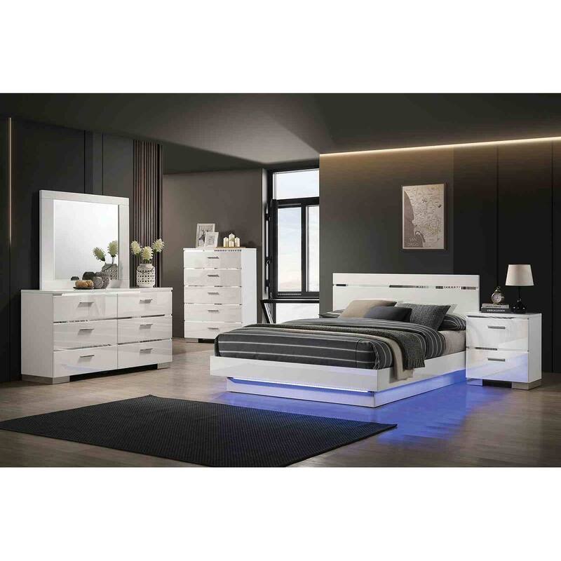 Modern Luxe White Chrome Finish Bedroom Furniture Bed Nightstand Mirror Dresser Chest