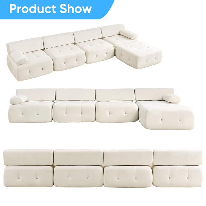 Mixoy 134inch Modular Sectional Sofa with Ottoman,Velvet L-Shaped Couch Indoor for Living Room - 133.9"w x 66.9"D x 24.8"H