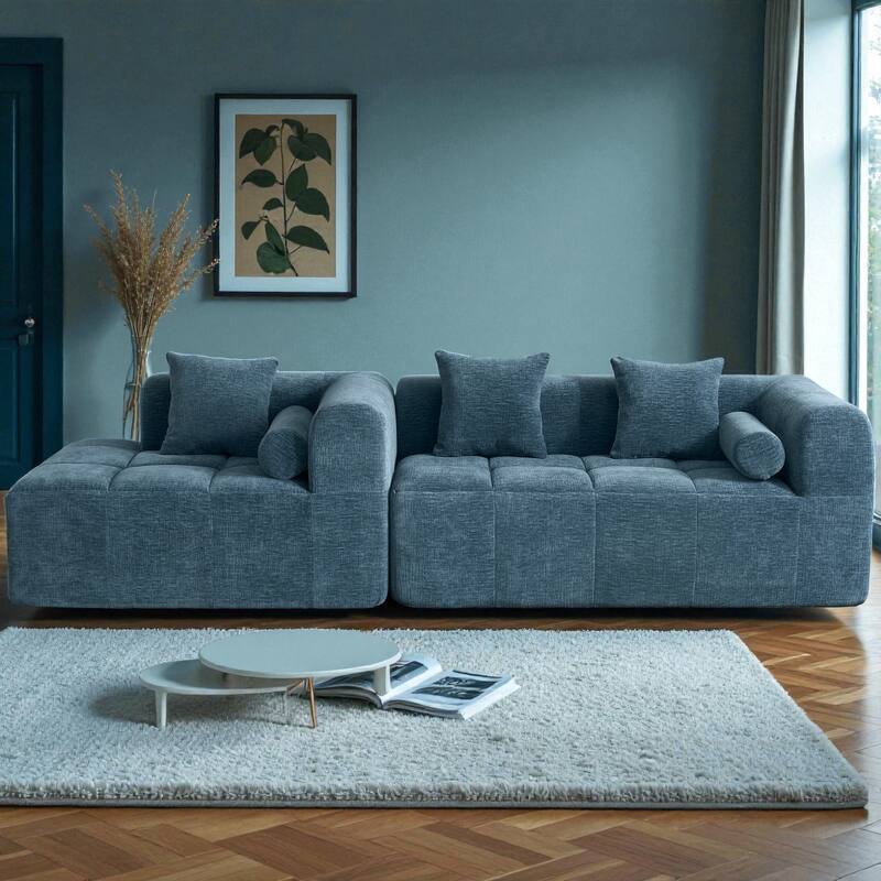 101.2" Modular Sectional Sofa Full-Foam Compressed Couch with Deep Seating Side Pockets Square & Bolster Pillows