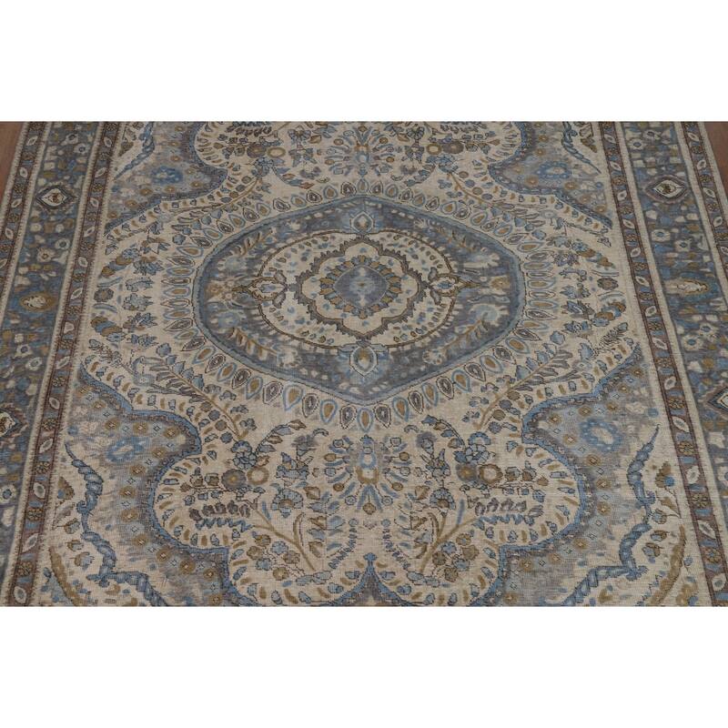 Tabriz Persian Area Rug Hand-Knotted Floral Beige Wool Carpet - 8'2"x 11'0"