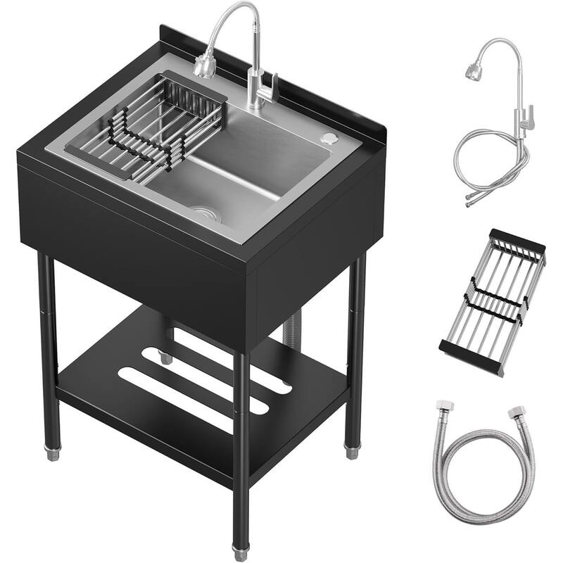 25.6"x20.5"x39.4" Freestanding Single Bowl Utility Sink with Storage Shelf - Black