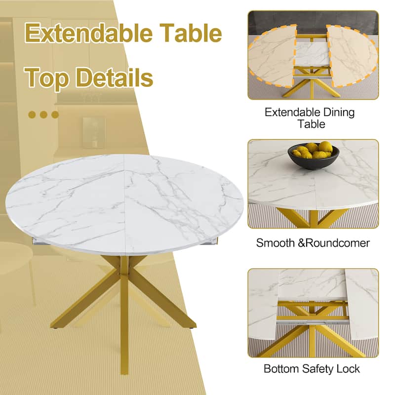 Modern and simple round dining table with extendable blades, carbon steel X-shaped base, sturdy and durable(4-6 people)