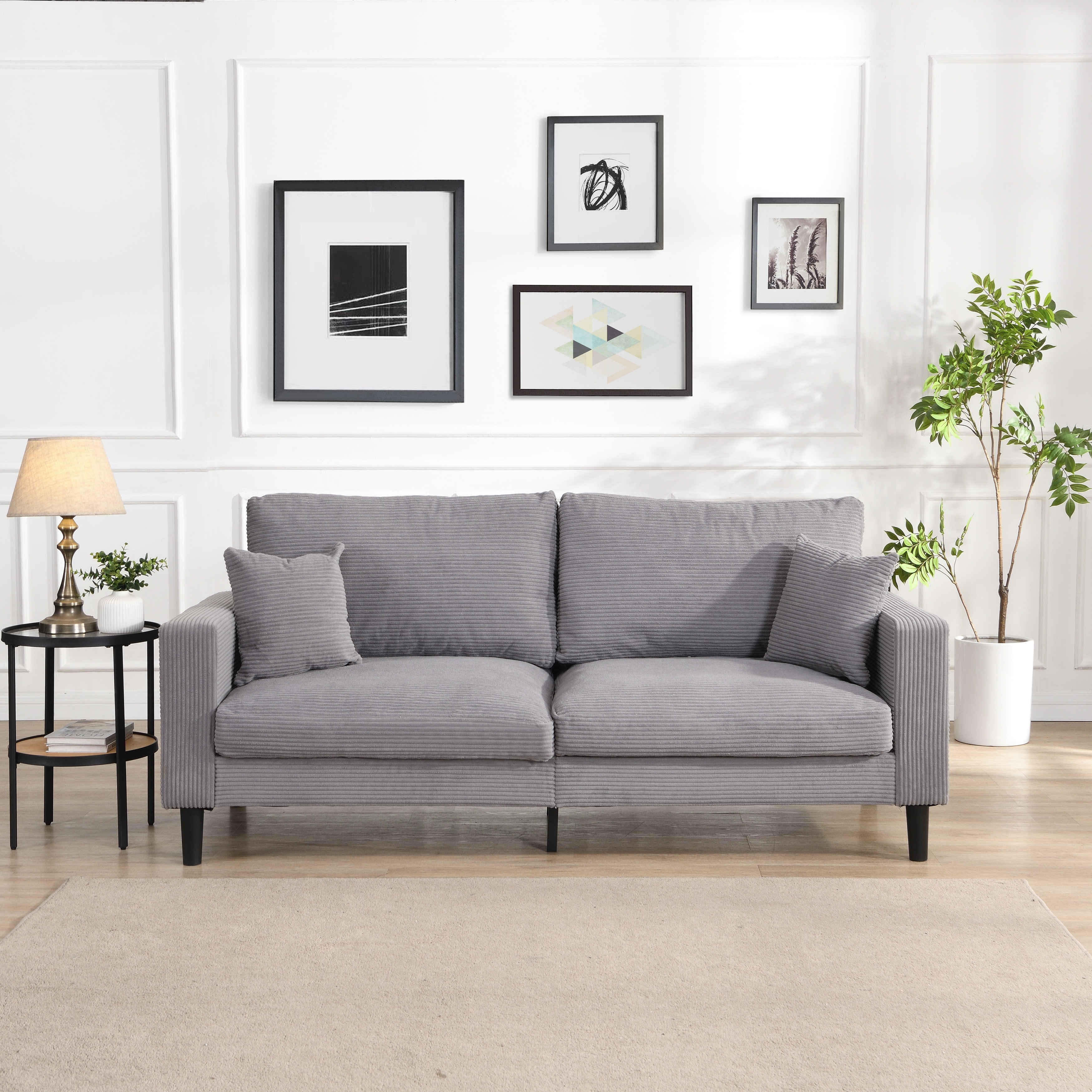 Light Gray Living Room Sofa Couch with 2 Pillows, 74" 3-Seater Sofa Accent Couch Settee 3-Seater Sofa Couch