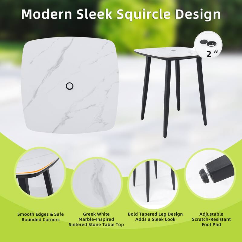 5-Piece Outdoor Patio Aluminum Bar Set with Marble-pattern Tabletop, 4 Swivel Bar Chairs, and Umbrella Hole