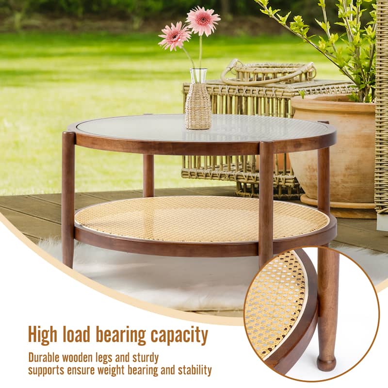 31.5in Rattan Coffee Table with Tempered Glass Top and Hand-Woven Shelf for Indoor Outdoor - 31.5” x 31.5” x 17.3”