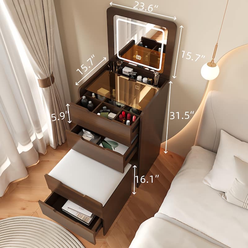 3 in 1 Vanity Desk, Makeup Table with Plip-up Mirror and Lights, Vanity Desk Set with Visible Glass Desktop and Hidden Stool