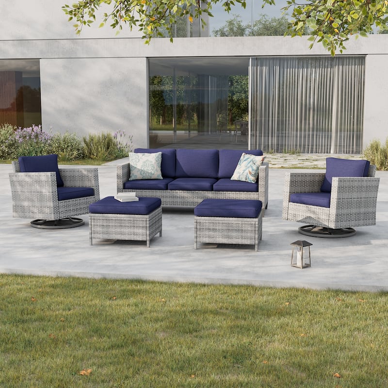 BONOSUKI 5Pcs Patio Furniture Swivel Rocking Sofa Set Grey Rattan - Navy Blue