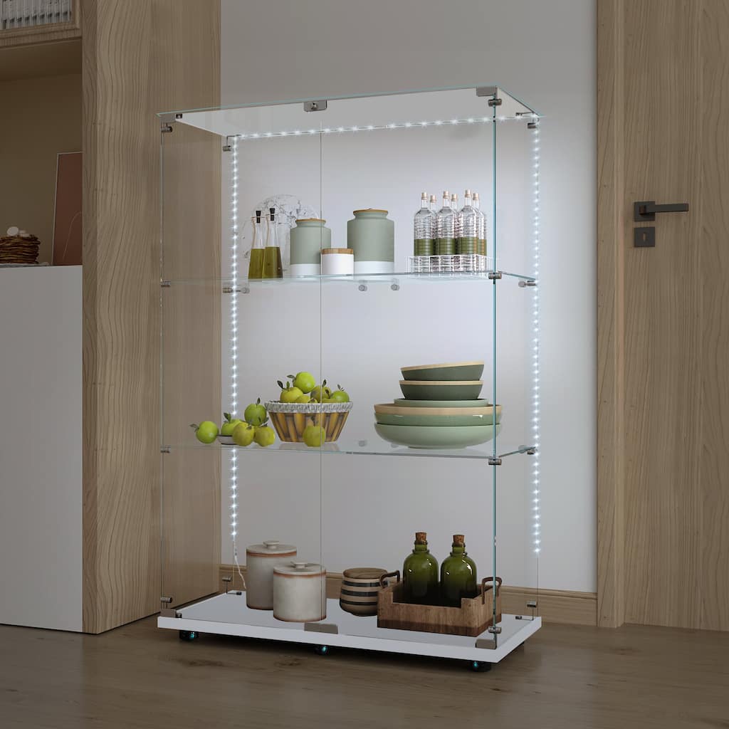 Glass Display Cabinet,Wine Cabinet,Storage Cabinet,File Cabinet, Tempered Glass Top,Bluetooth Led Light Strip,With Door Lock