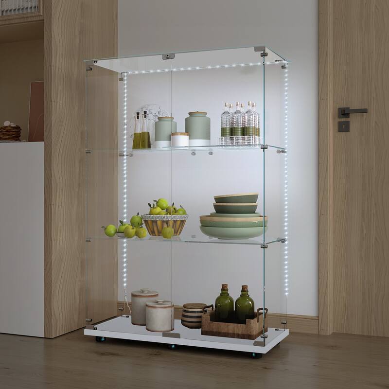 Tempered Glass Display Cabinet, File Cabinet, Tempered Glass Top, Bluetooth LED Light Strip, with Door Lock - White