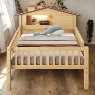 Full Size Wood Platform Bed with House-Shaped Headboard, LED Light & Built-In Storage,for Kids & Teens
