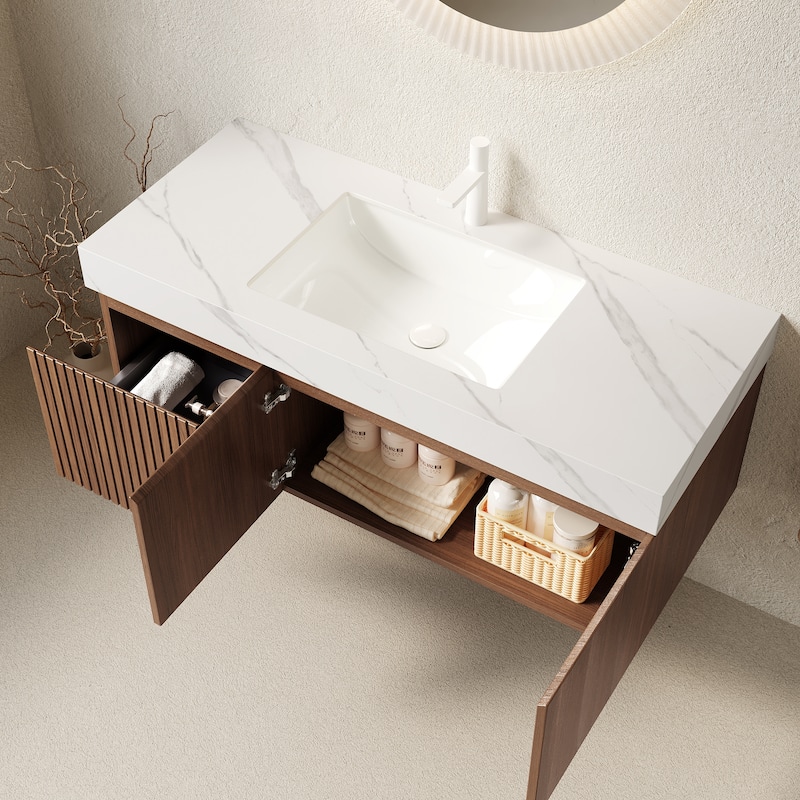 Floating Bathroom Vanity with Sintered Stone Top and Undermount Ceramic Basin