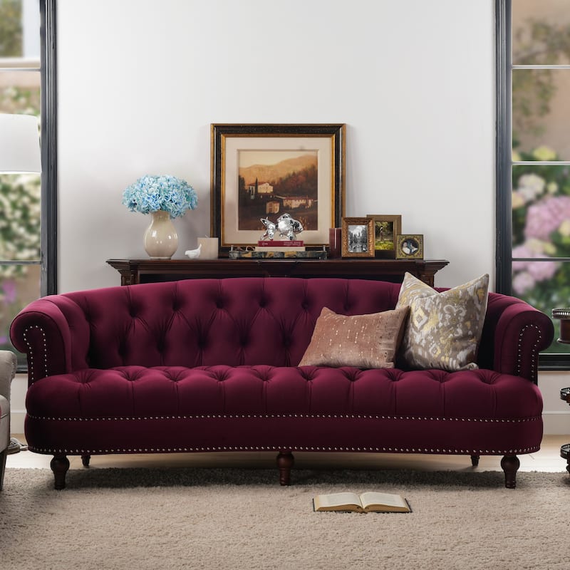 La Rosa 84" Mid-Century Modern Velvet Upholstered Chesterfield Tufted Sofa - Burgundy Velvet