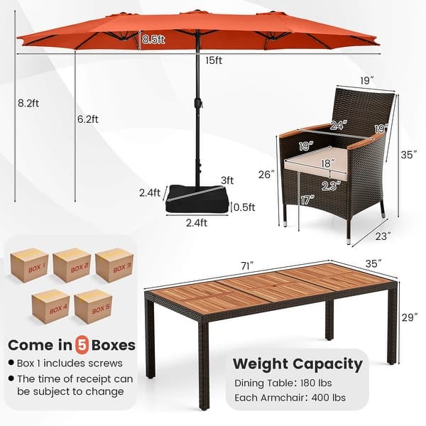 dimension image slide 4 of 5, Costway 11 PCS Patio Dining Set with 15ft Double-Sided Patio Umbrella