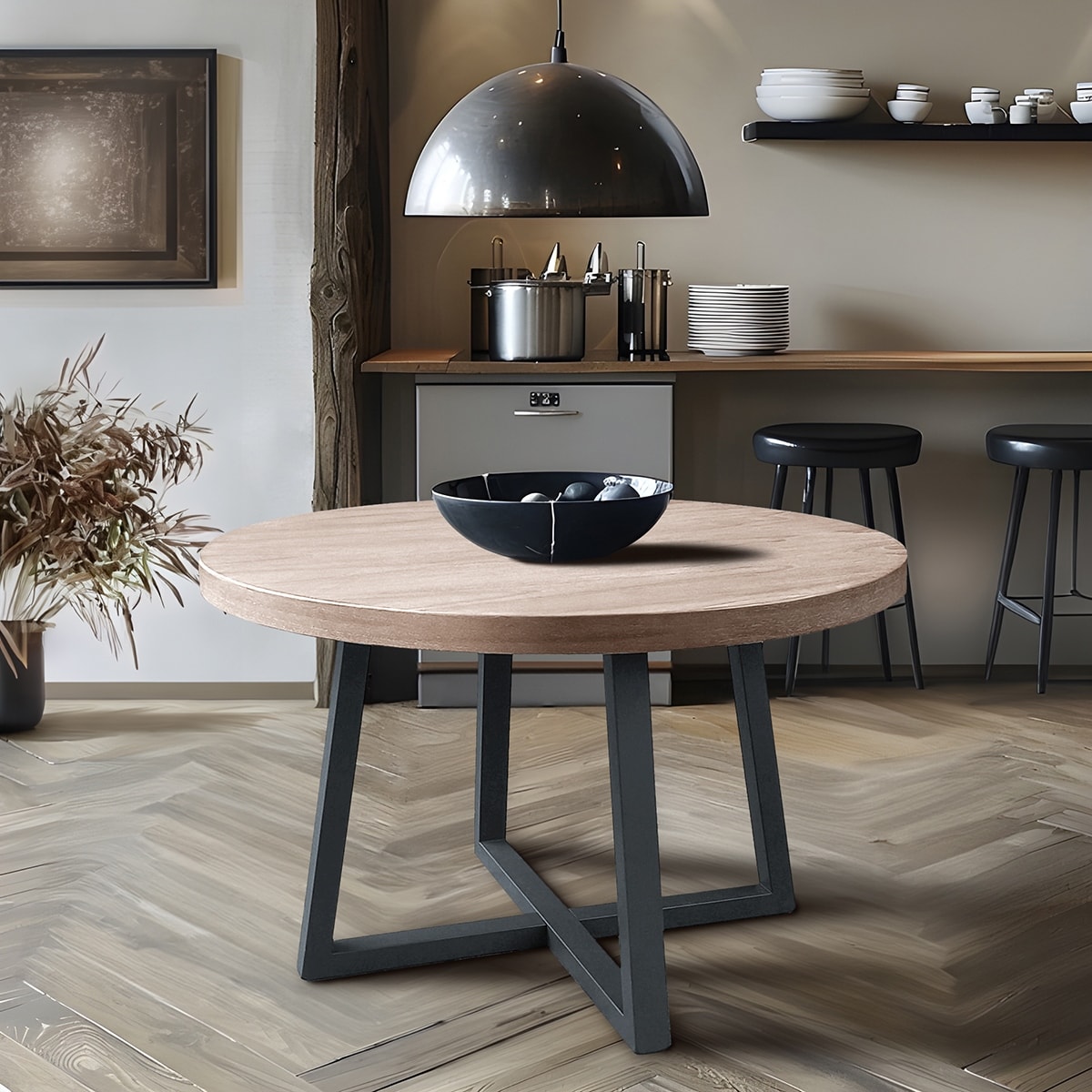 Modern Round 4-Seater Dining Table, Solid Wood Top & Reinforced Slate Legs