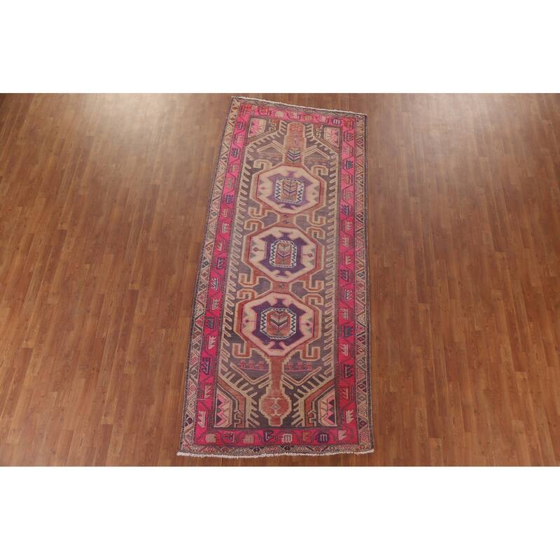 Hand Knotted Oriental 100% Wool Carpet Traditional Geometric Purples Meshkin Runner Rug - 10' 4'' X 4' 4''