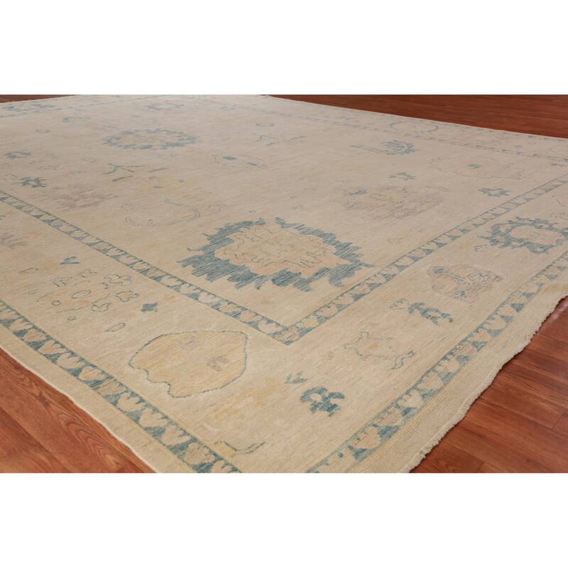 Hand Knotted Oriental 100% Wool Carpet Transitional All-Over Beige & Ivories Oushak Area Rug - 13' 5'' X 10' 1''