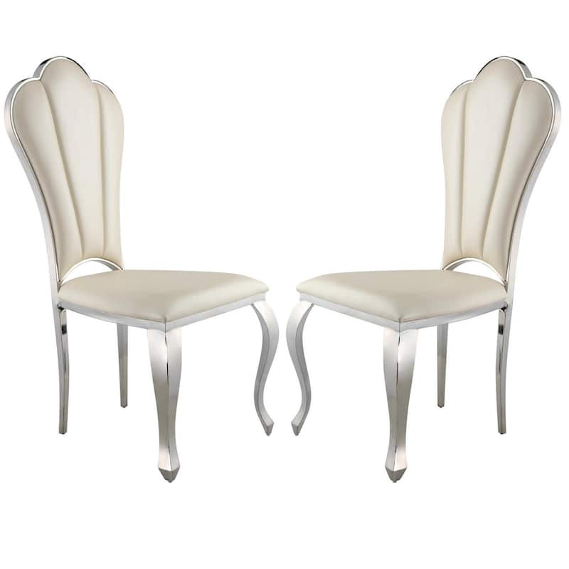 Kuri 23 Inch Dining Chair, Scalloped Back, Vegan Leather, Set of 2, Beige