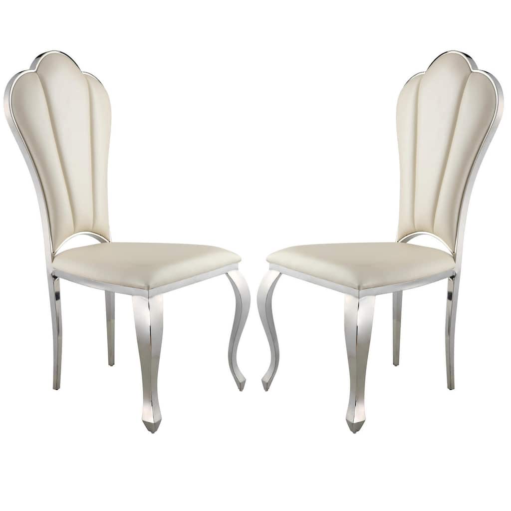 Kuri 23 Inch Dining Chair, Scalloped Back, Vegan Leather, Set of 2, Beige