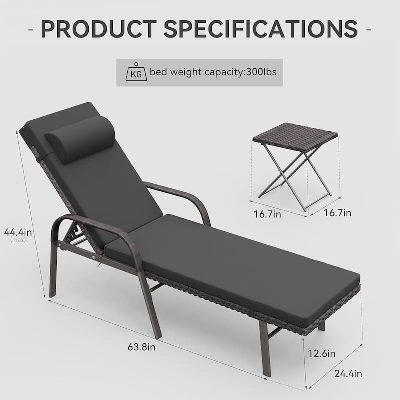 3-Piece Outdoor Wicker Chaise Lounge with Armrests and Cushions