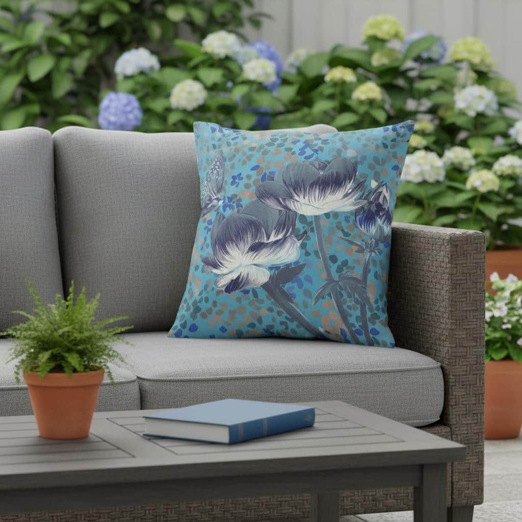 HomeRoots 20" x 20" Blue and Green Blown Seam Floral Indoor Outdoor Throw Pillow - 20.00' X '5.00' X '20.00