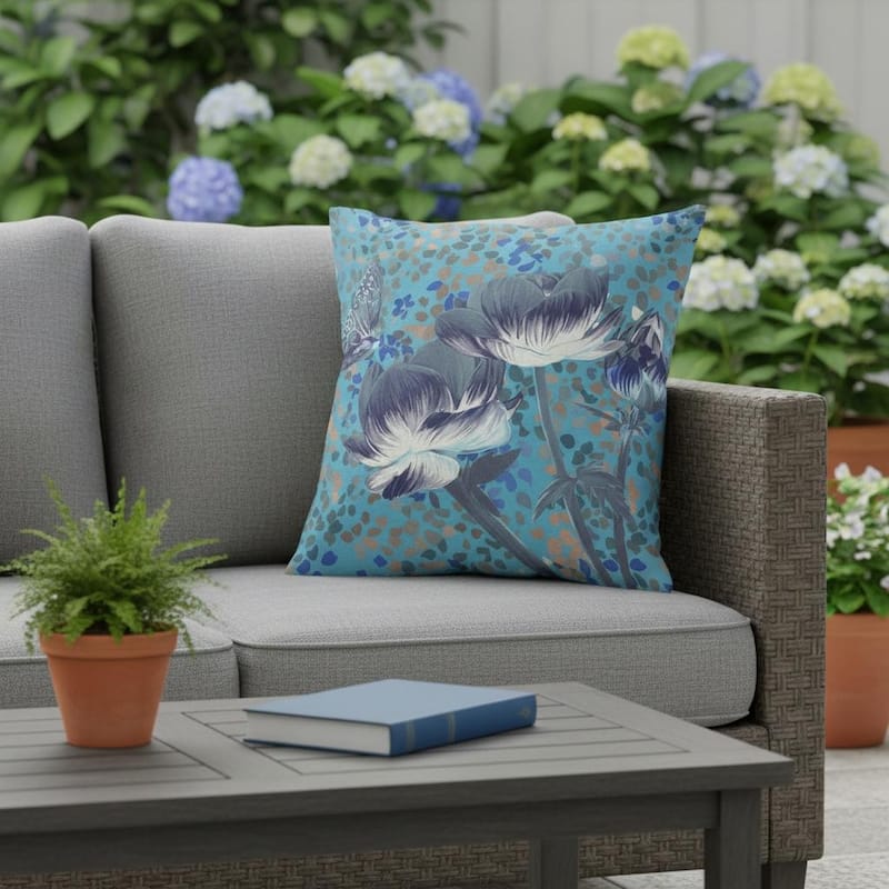 HomeRoots 20" x 20" Blue and Green Blown Seam Floral Indoor Outdoor Throw Pillow - 20.00' X '5.00' X '20.00 - Blue/Green - 20.00' X '5.00' X '20.00