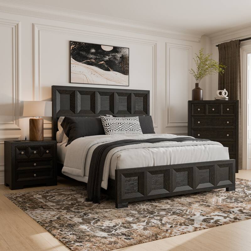 Furniture of America Durem Modern Classic 3-Piece Wood Panel Bedroom Set - Weathered Black - King