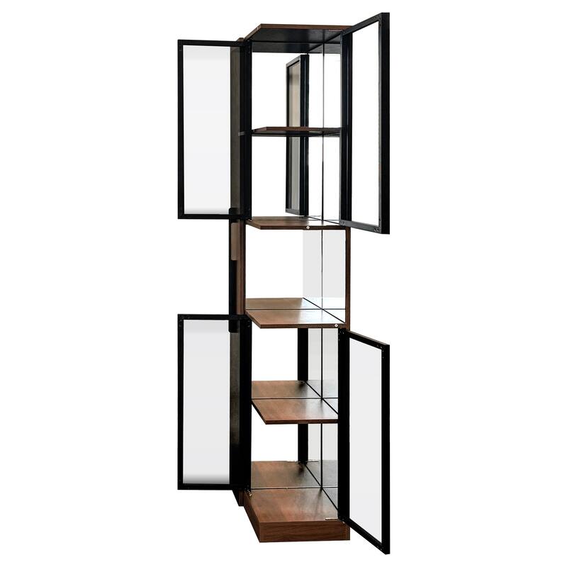 70" Display Cabinet With Glass Doors And Lights,Pull-Out Multi-Tier Storage Shelf,Wooden Display Storage Cabinets